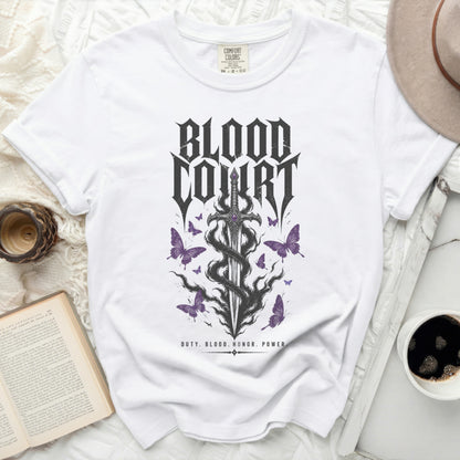 White t-shirt with black Blood Court sword and butterfly graphic.