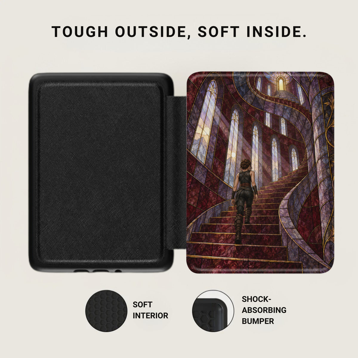 Black case with embossed texture and a woman climbing a fantasy staircase.