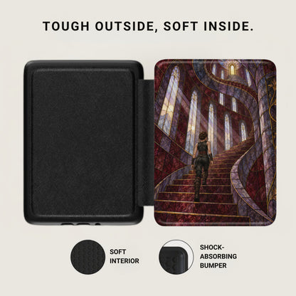 Black case with embossed texture and a woman climbing a fantasy staircase.