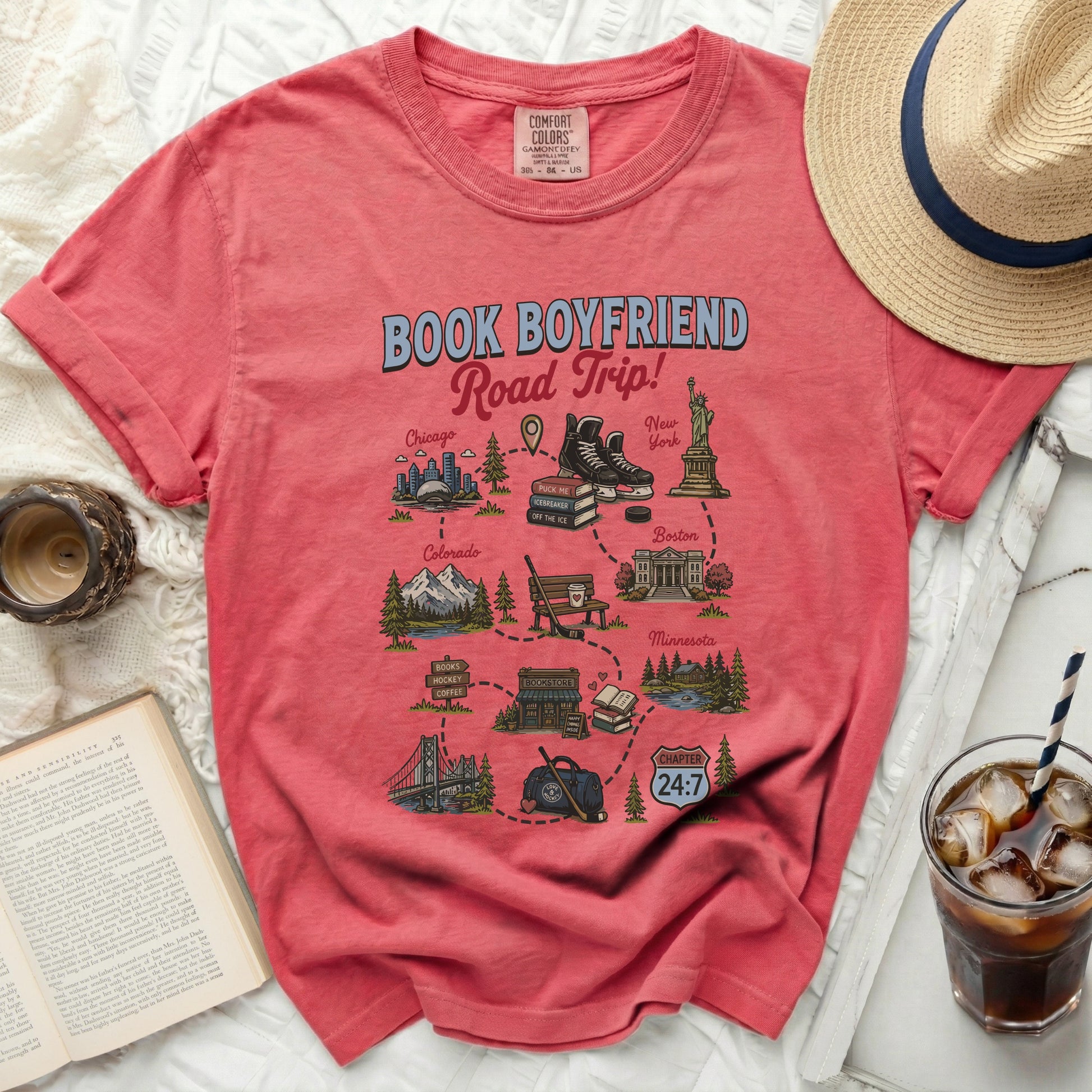 Comfort Colors "Book Boyfriend" tee with road trip destinations and book-themed icons.