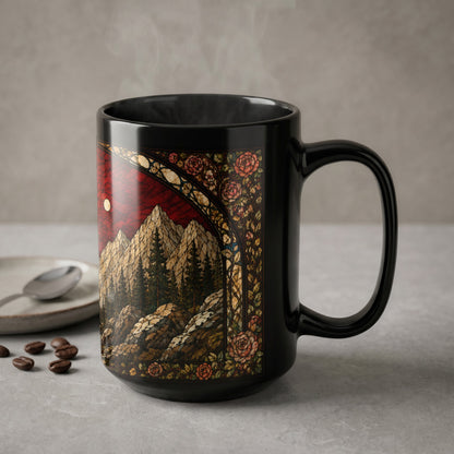 Black mug with stained glass art of mountains, moon, and roses.