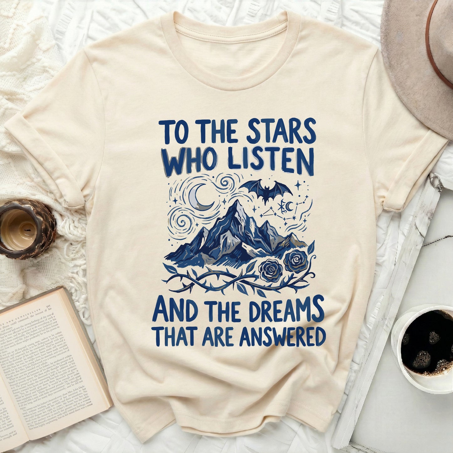 TO THE STARS WHO LISTEN AND THE DREAMS THAT ARE ANSWERED product type
Stars Tee
Dreams Shirt
Celestial T-shirt
Mountain Graphic
Moon Design
Bat Art
Rose Print
Literary Inspired
Fantasy Apparel
Mystical Top
Magical Tee
Spiritual Clothing
Aesthetic Graphic
Indie Style
Witchy Vibes
Gothic Print
Night Sky
Unique Tee
Bookish Shirt
Fae Inspired