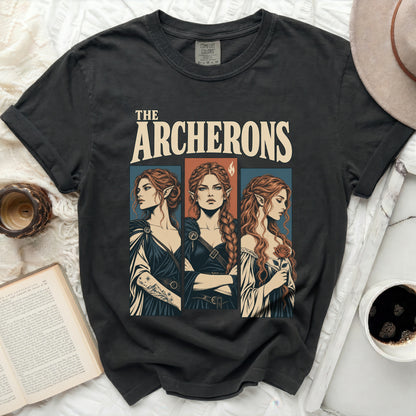 The Archerons t-shirt features three women with pointed ears and ornate clothing.