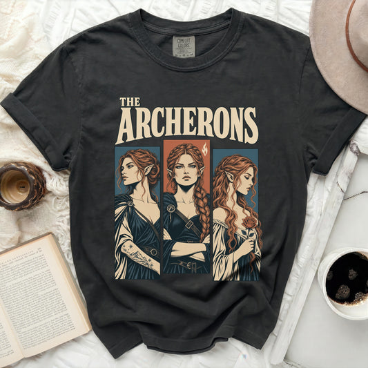 The Archerons t-shirt features three women with pointed ears and ornate clothing.