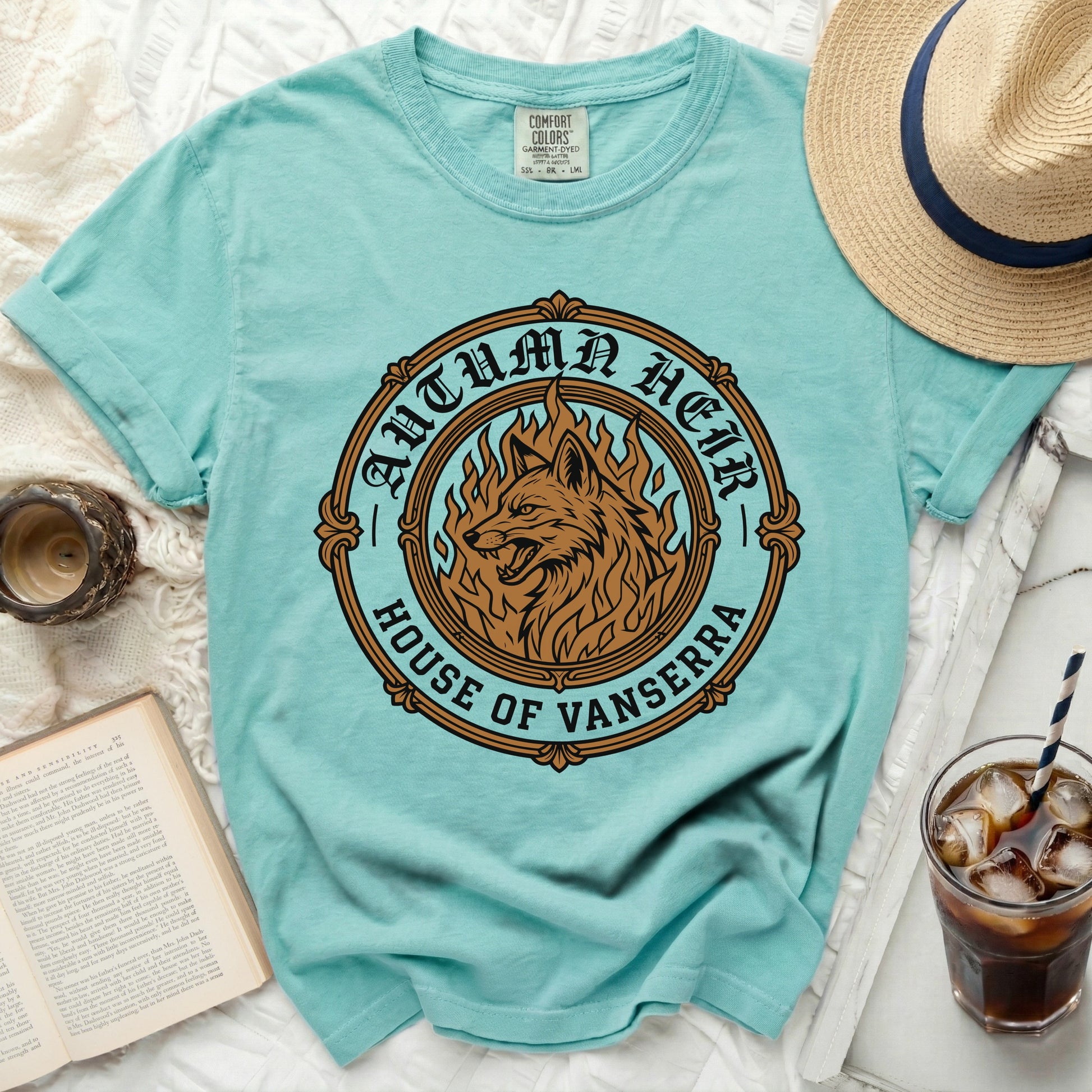 Teal t-shirt with "Autumn Heir House of Vanserra" and a wolf in flames graphic.