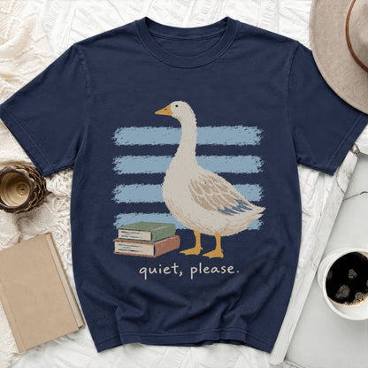 Navy t-shirt with a goose and books graphic that says "quiet, please."