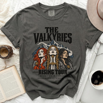 Gray t-shirt with "The Valkyries Rising Tour" graphic featuring three women and a sword.