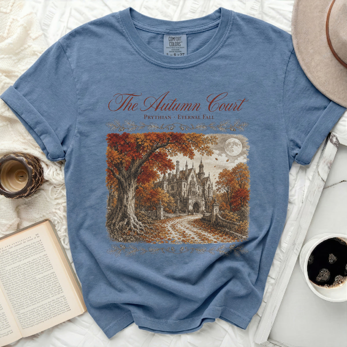 The Autumn Court Prythian Eternal Fall t-shirt features a gothic manor and autumn trees.