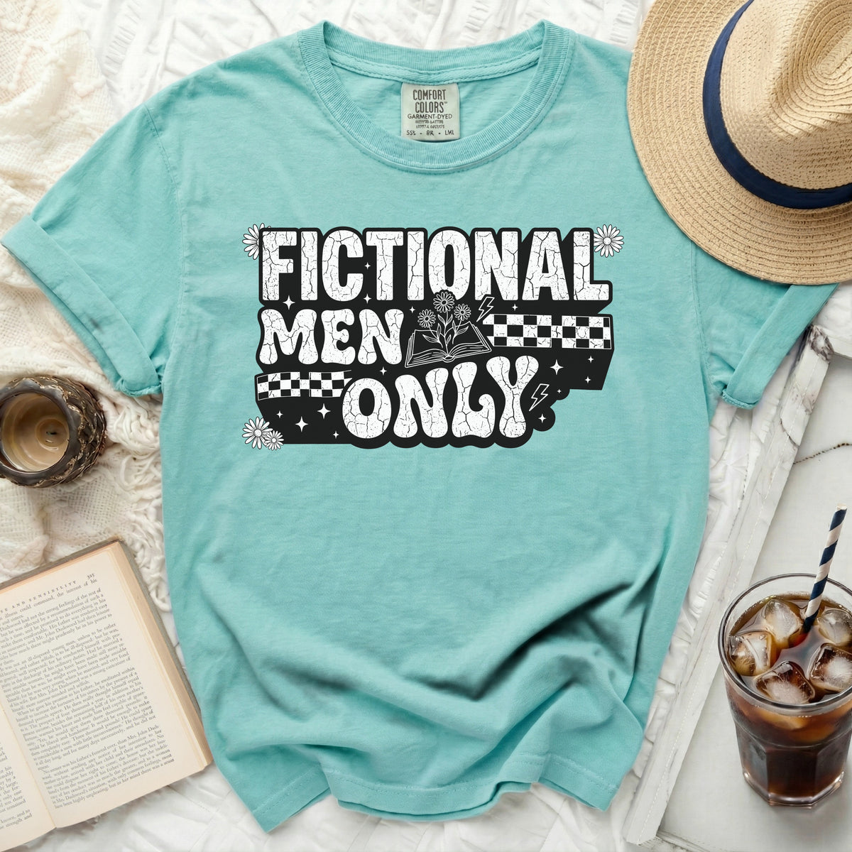 Teal t-shirt with "Fictional Men Only" text, book, and flowers design.
