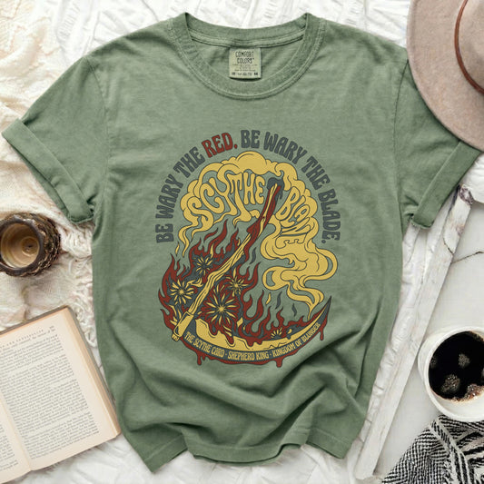T-shirt with "Be Wary the Red, Be Wary the Blade" and a scythe design.