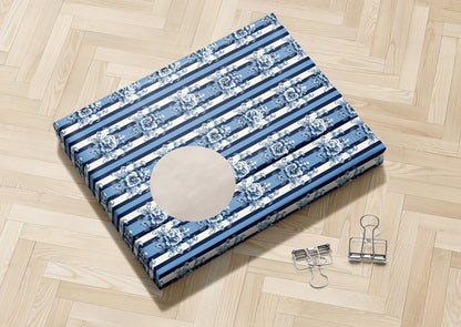 Luxury Blue Floral Damask Stripe Wrapping Pap