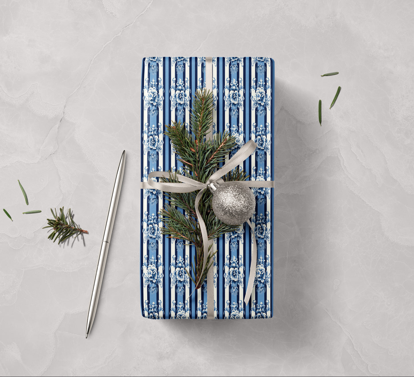 Luxury Blue Floral Damask Stripe Wrapping Pap