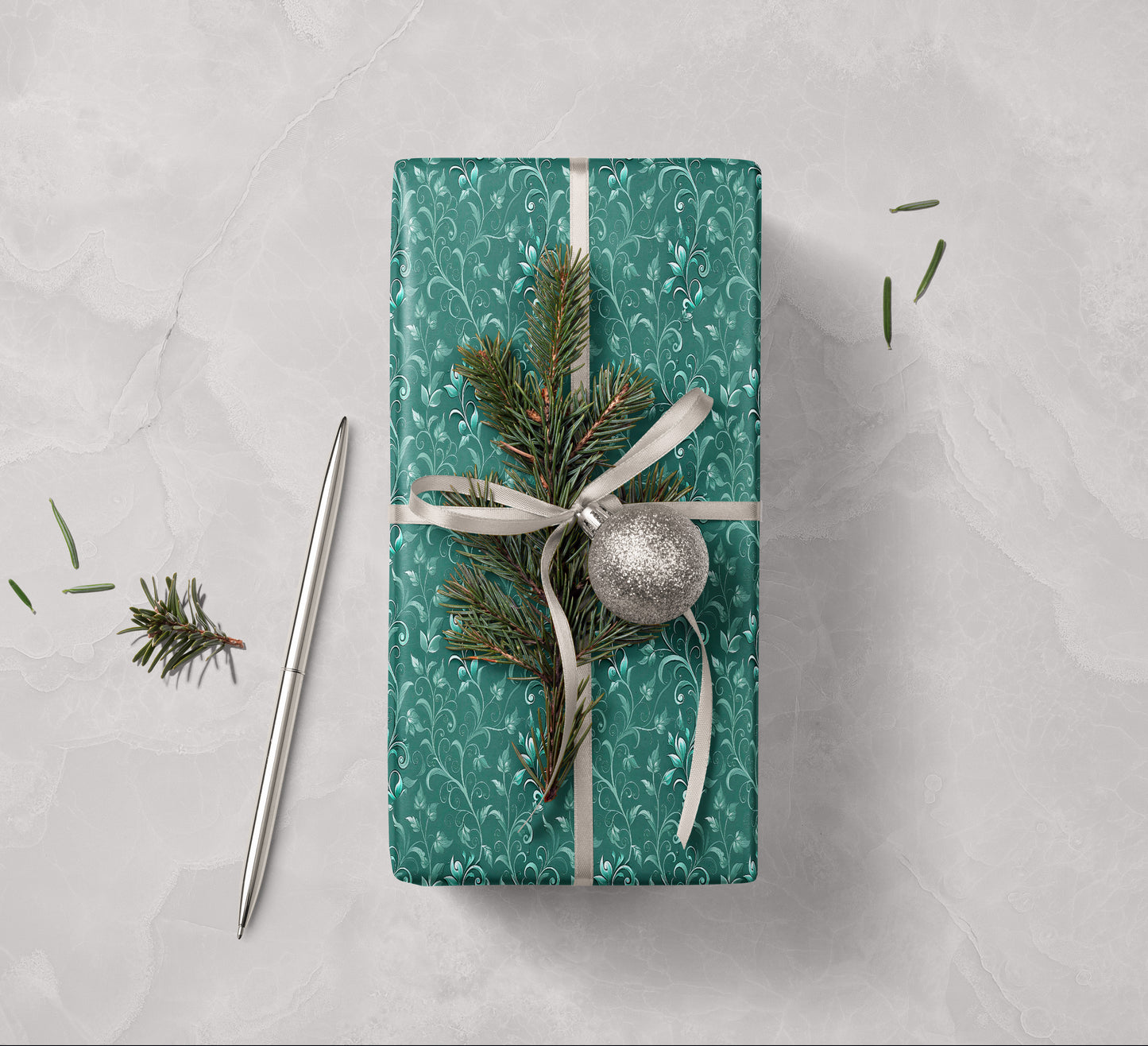 Teal Floral Baroque Wrapping Paper