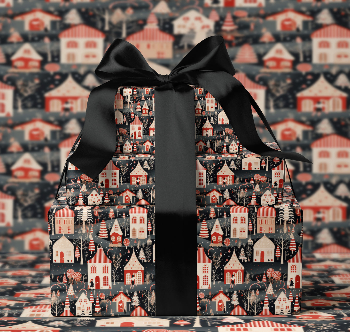 Dark Christmas Village Wrapping Paper