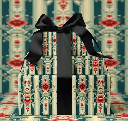 Red Peony Baroque Stripe Wrapping Paper