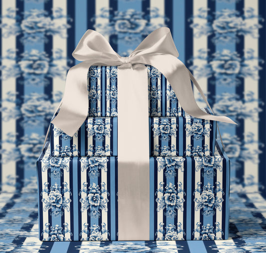 Luxury Blue Floral Damask Stripe Wrapping Pap