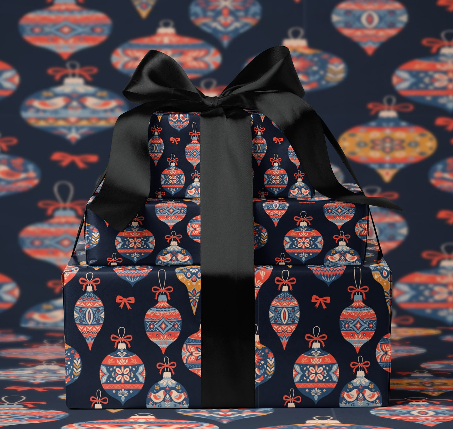 Navy Gift Wrap with Red & Blue Christmas Ornaments