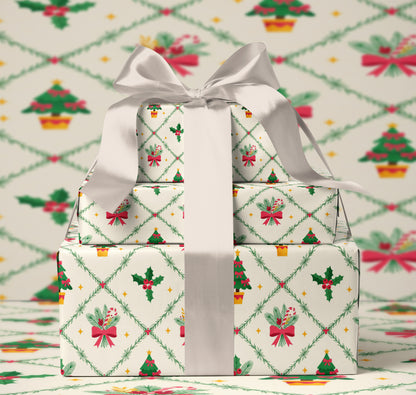 Christmas Wrapping Paper Roll with Trees & Holly