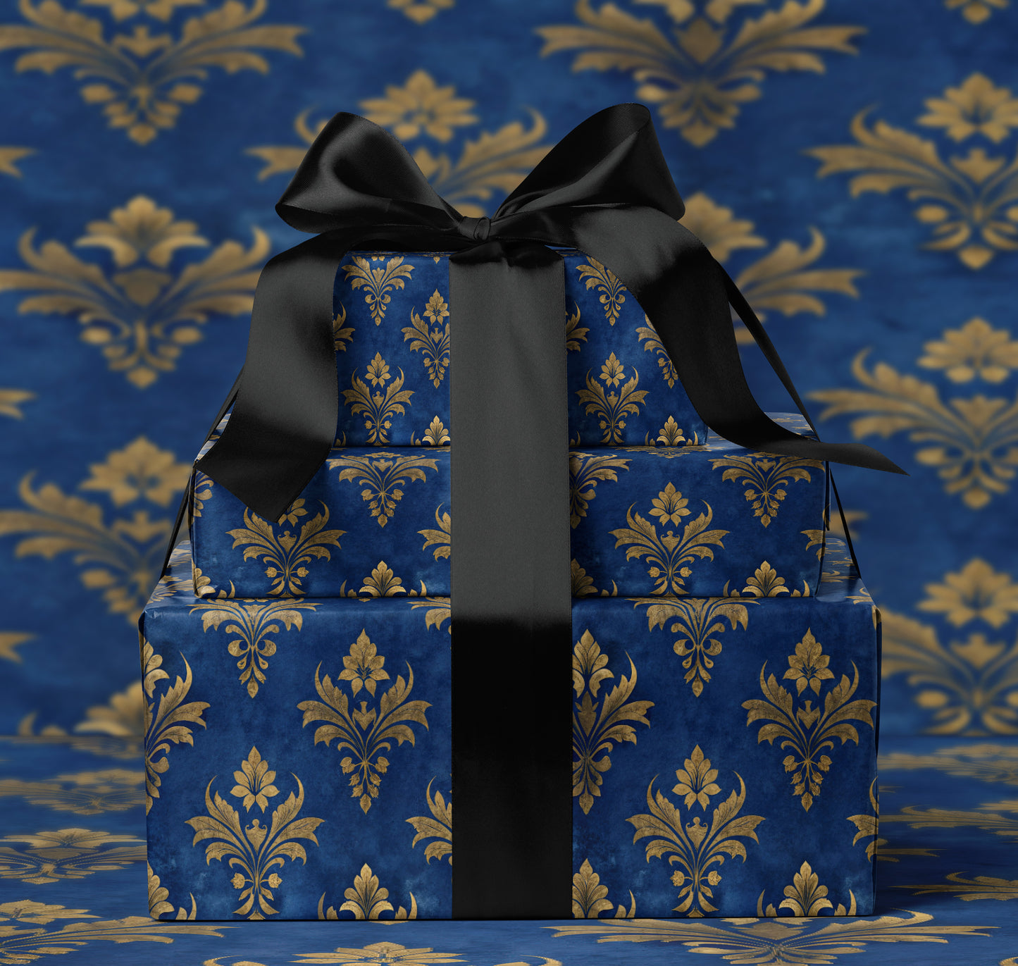 Blue Golden Floral Damask Wrapping Paper