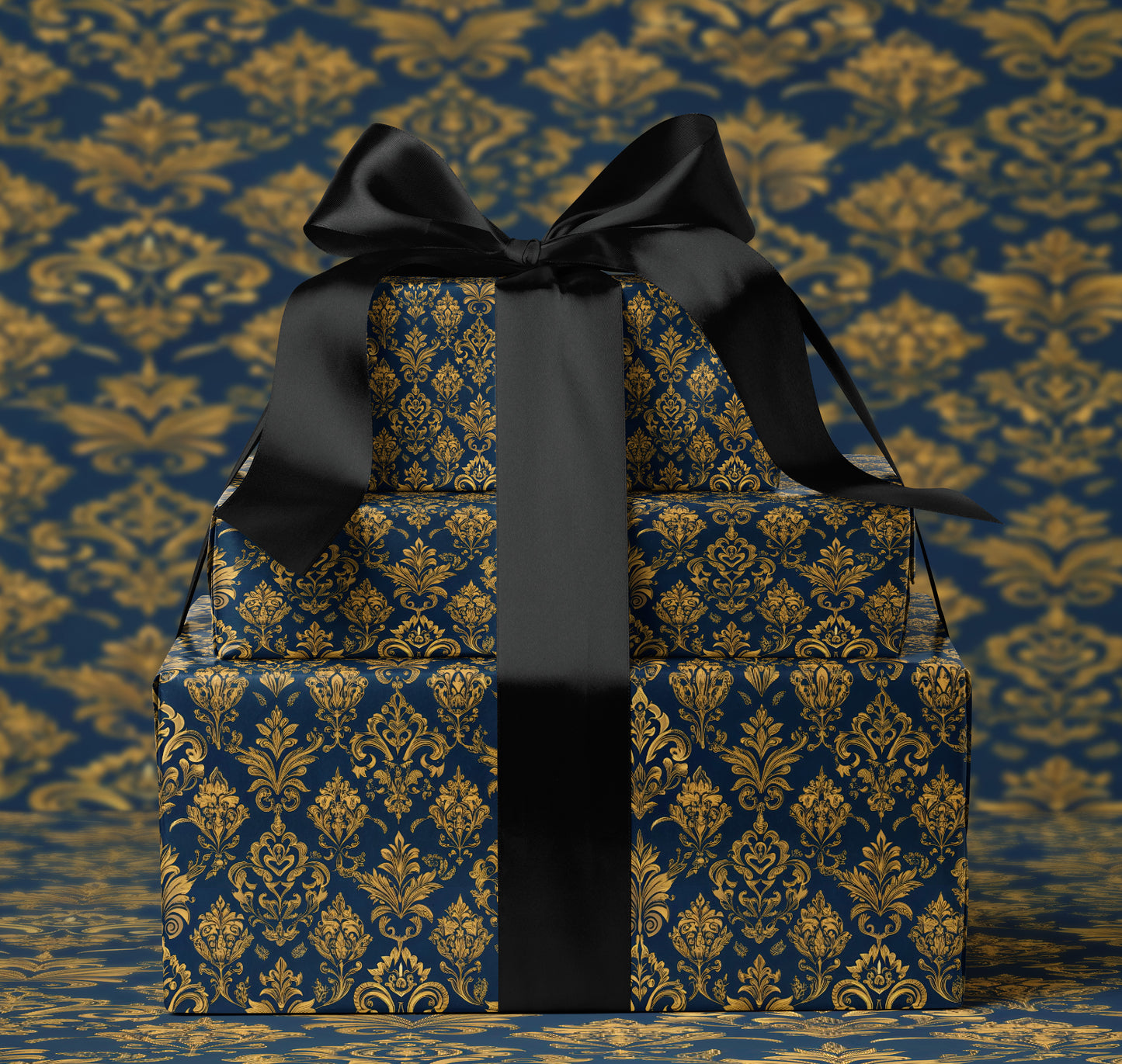 Navy Gold Baroque Floral Wrapping Paper