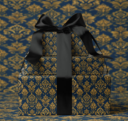 Navy Gold Baroque Floral Wrapping Paper