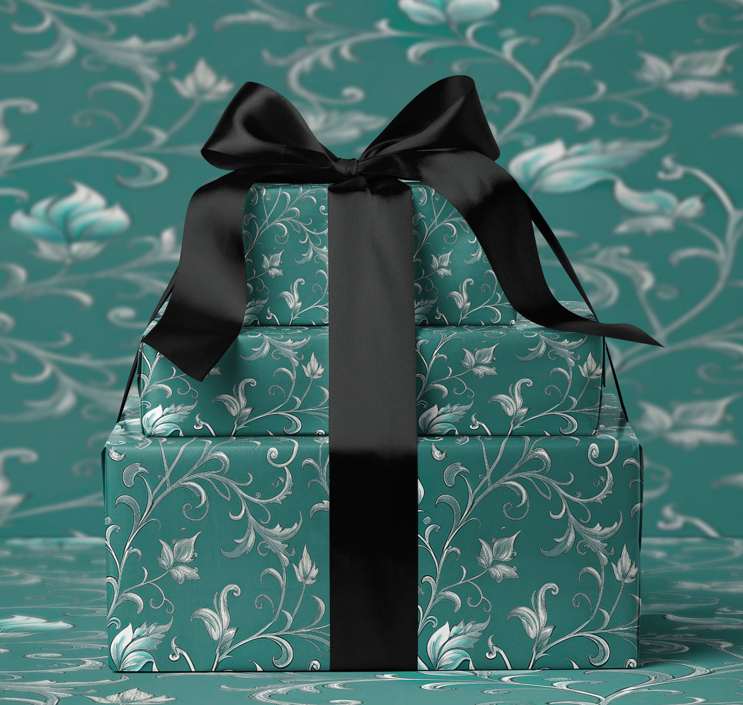 Teal and Silver Floral Damask Wrapping Paper