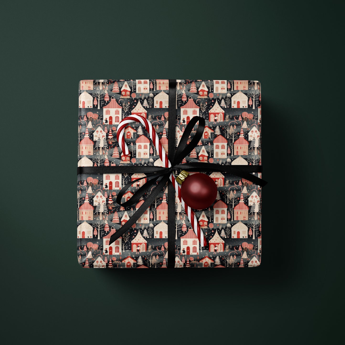 Dark Christmas Village Wrapping Paper