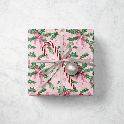 Pink Holly & Bows Christmas Wrapping Paper