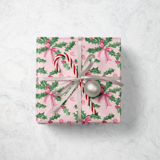 Pink Holly & Bows Christmas Wrapping Paper