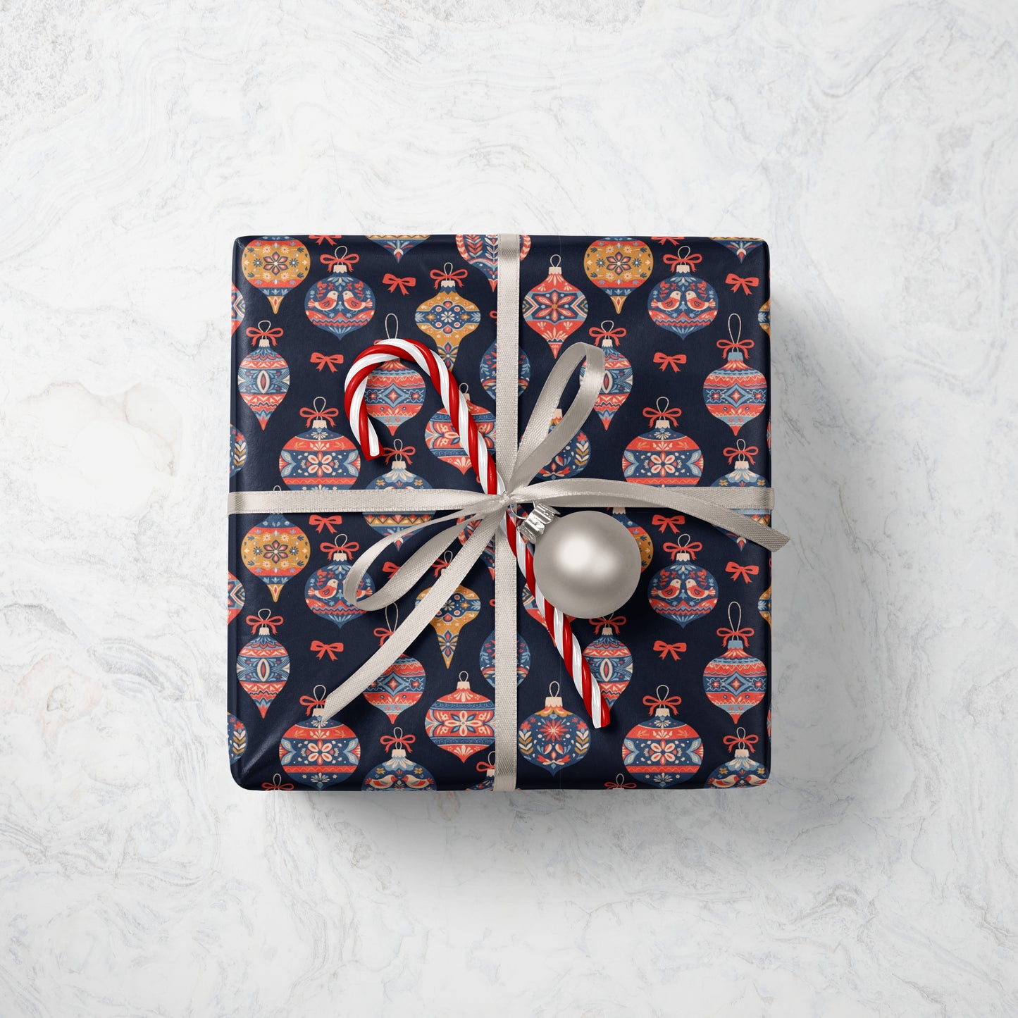 Navy Gift Wrap with Red & Blue Christmas Ornaments