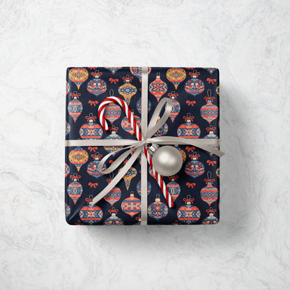 Navy Gift Wrap with Red & Blue Christmas Ornaments