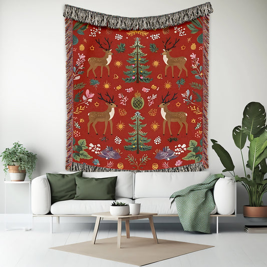 Festive Woodland Deer Christmas Woven Throw Blanket - MagicMerchEmporium