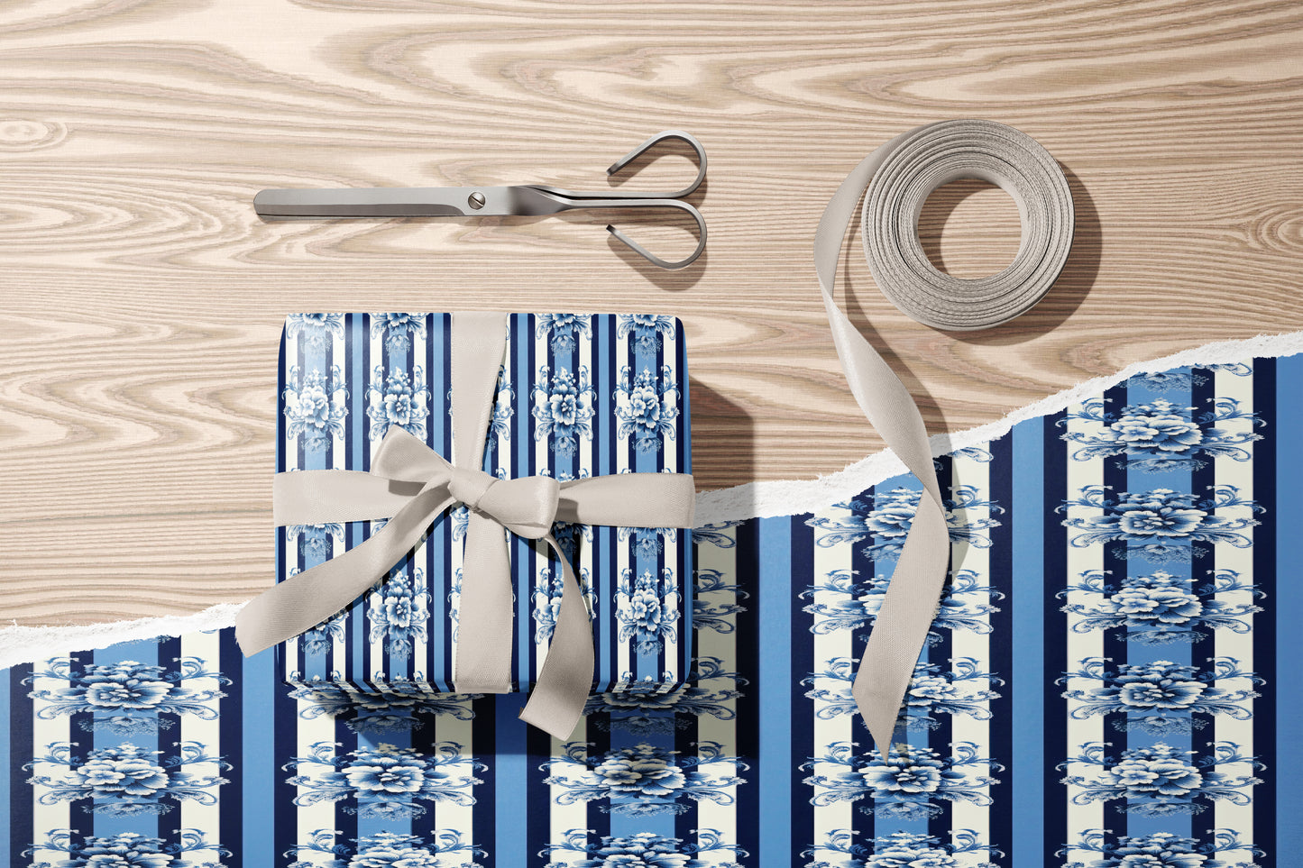 Luxury Blue Floral Damask Stripe Wrapping Pap