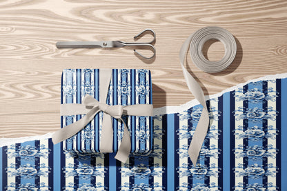 Luxury Blue Floral Damask Stripe Wrapping Pap