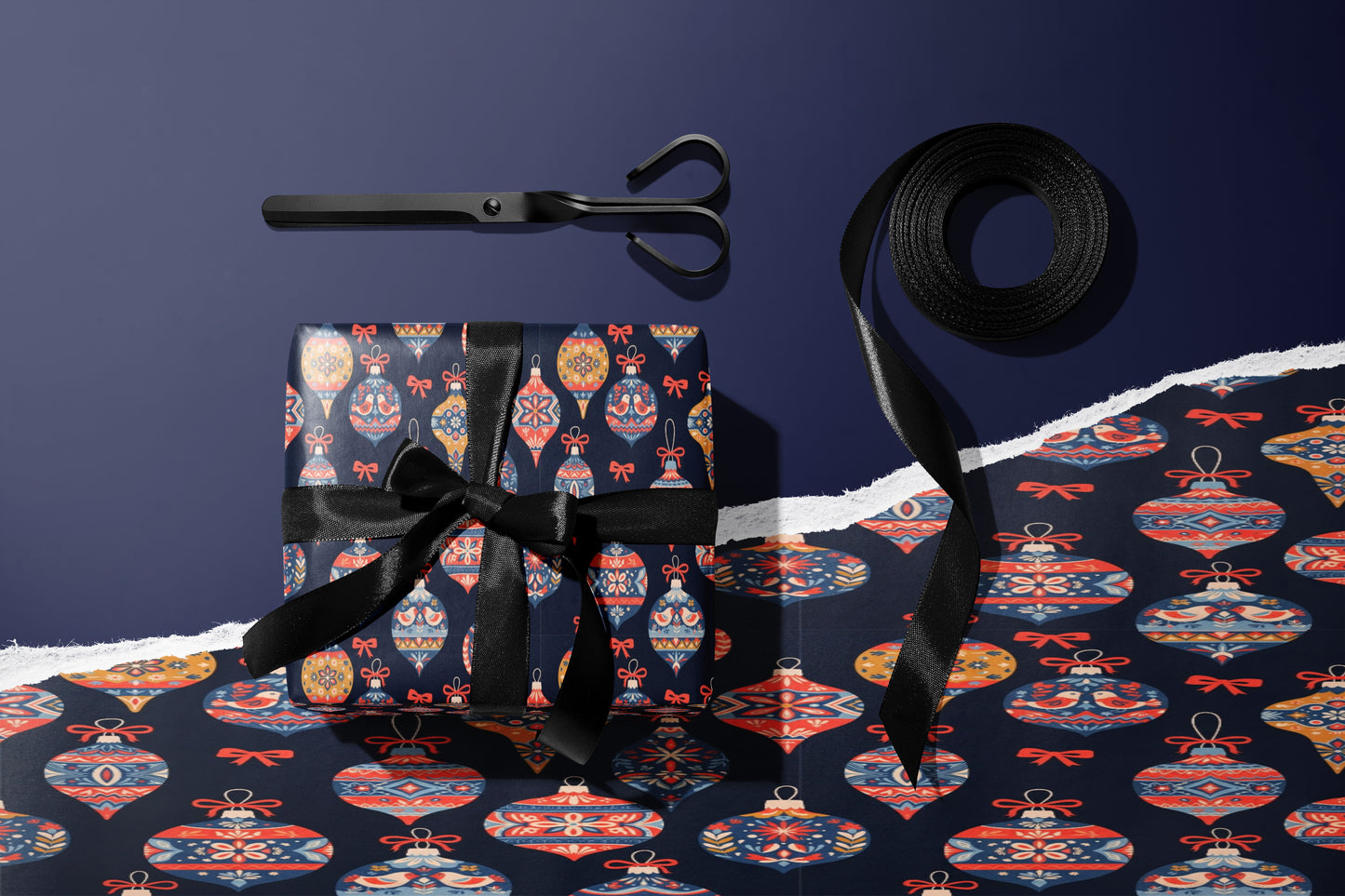 Navy Gift Wrap with Red & Blue Christmas Ornaments