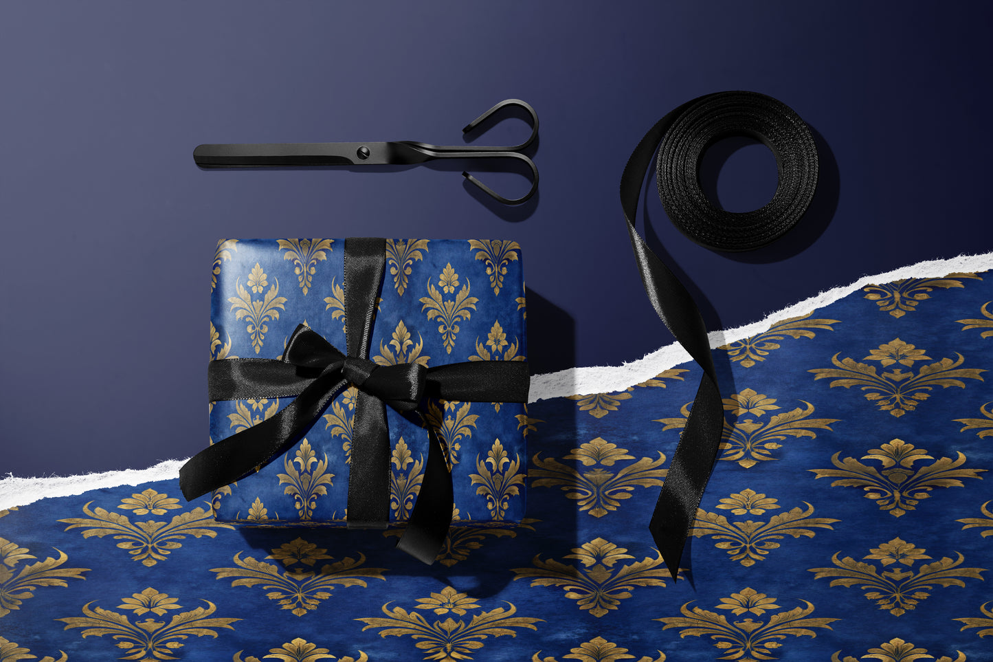 Blue Golden Floral Damask Wrapping Paper