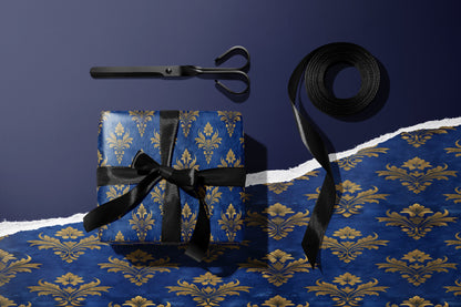 Blue Golden Floral Damask Wrapping Paper