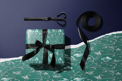 Teal and Silver Floral Damask Wrapping Paper