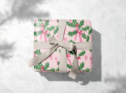 Pink Holly & Bows Christmas Wrapping Paper
