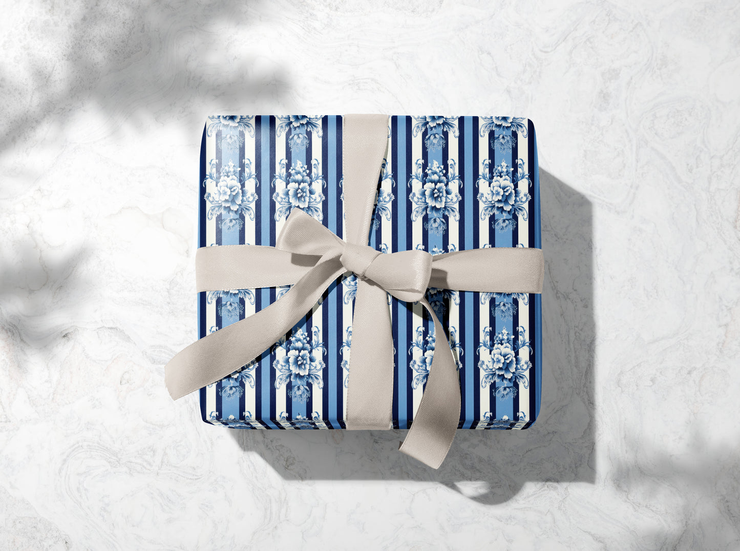 Luxury Blue Floral Damask Stripe Wrapping Pap