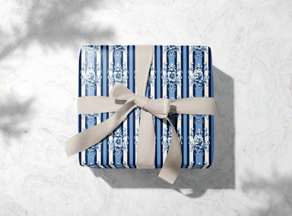Luxury Blue Floral Damask Stripe Wrapping Pap