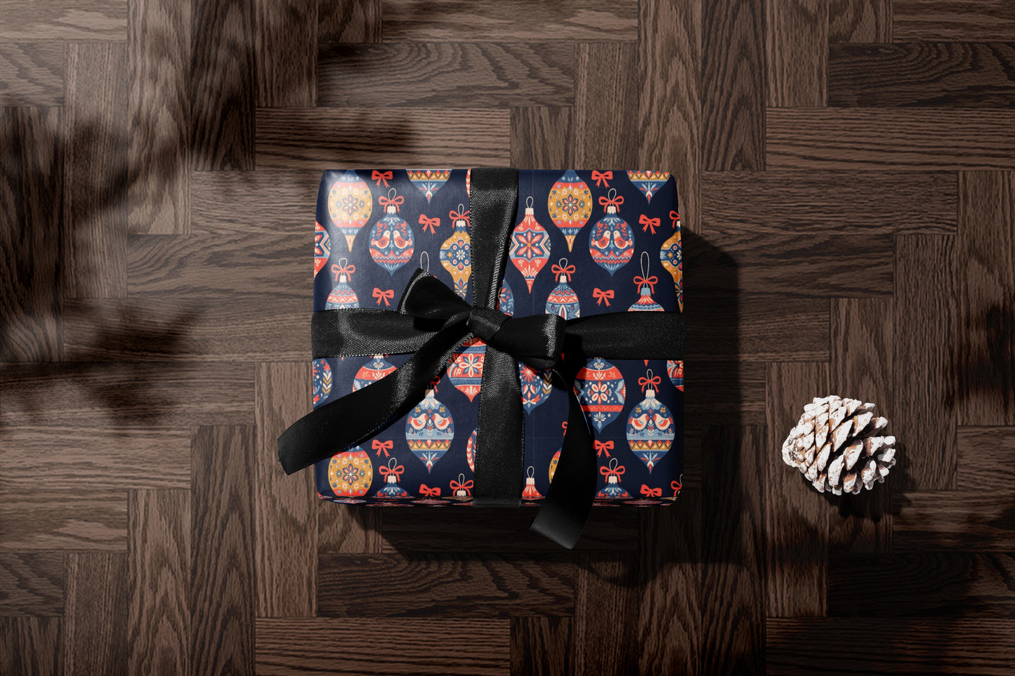 Navy Gift Wrap with Red & Blue Christmas Ornaments