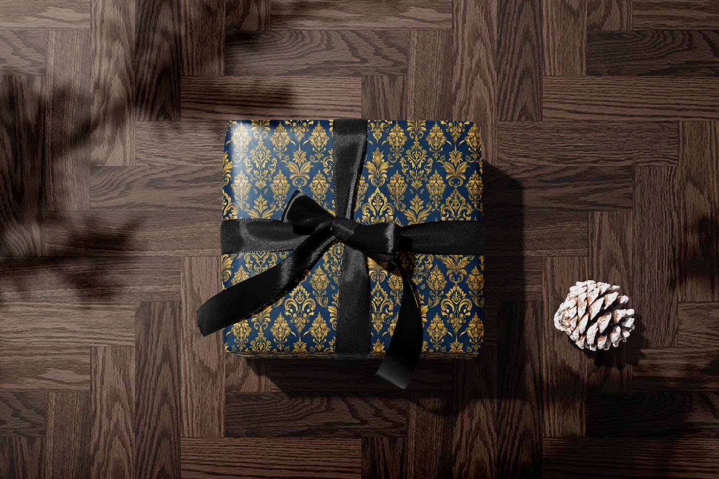 Navy Gold Baroque Floral Wrapping Paper