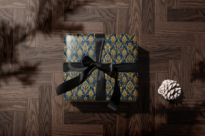 Navy Gold Baroque Floral Wrapping Paper