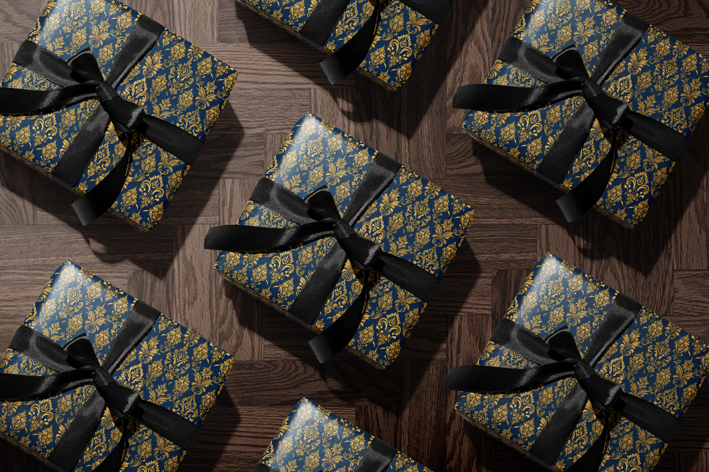 Navy Gold Baroque Floral Wrapping Paper