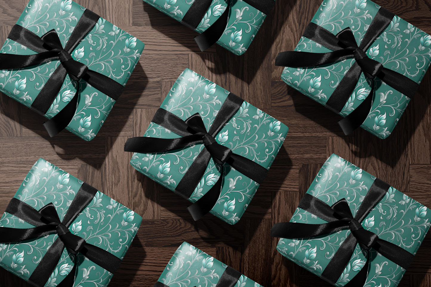 Teal and Silver Floral Damask Wrapping Paper
