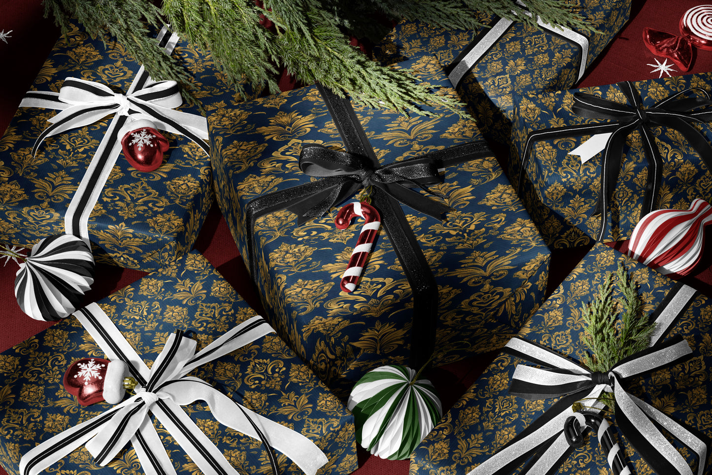 Navy Gold Baroque Floral Wrapping Paper