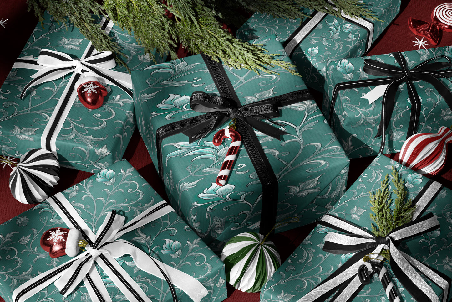 Teal and Silver Floral Damask Wrapping Paper