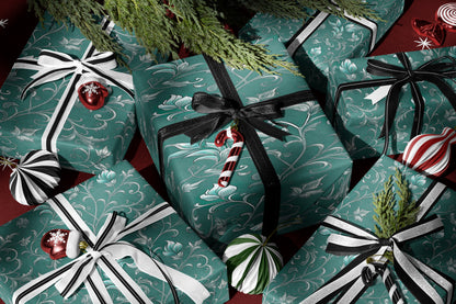 Teal and Silver Floral Damask Wrapping Paper