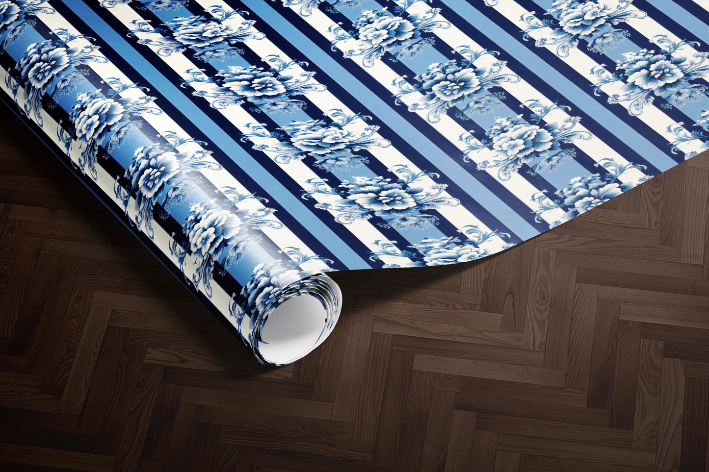 Luxury Blue Floral Damask Stripe Wrapping Pap